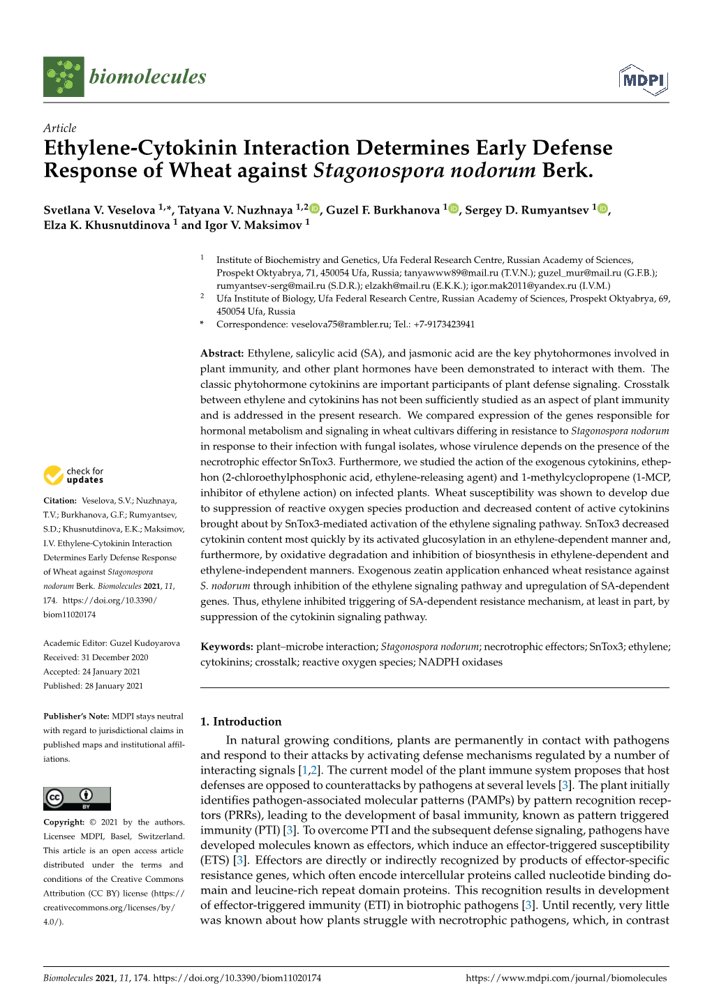 Ethylene-Cytokinin Interaction Determines Early Defense Response of Wheat Against Stagonospora Nodorum Berk