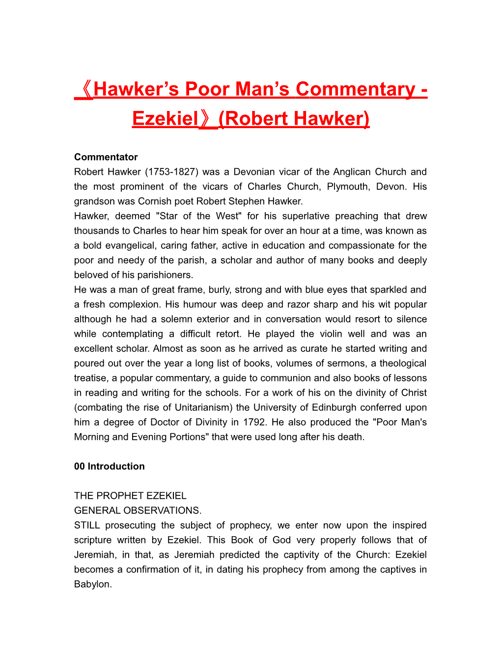 Hawker S Poor Man S Commentary - Ezekiel (Robert Hawker)