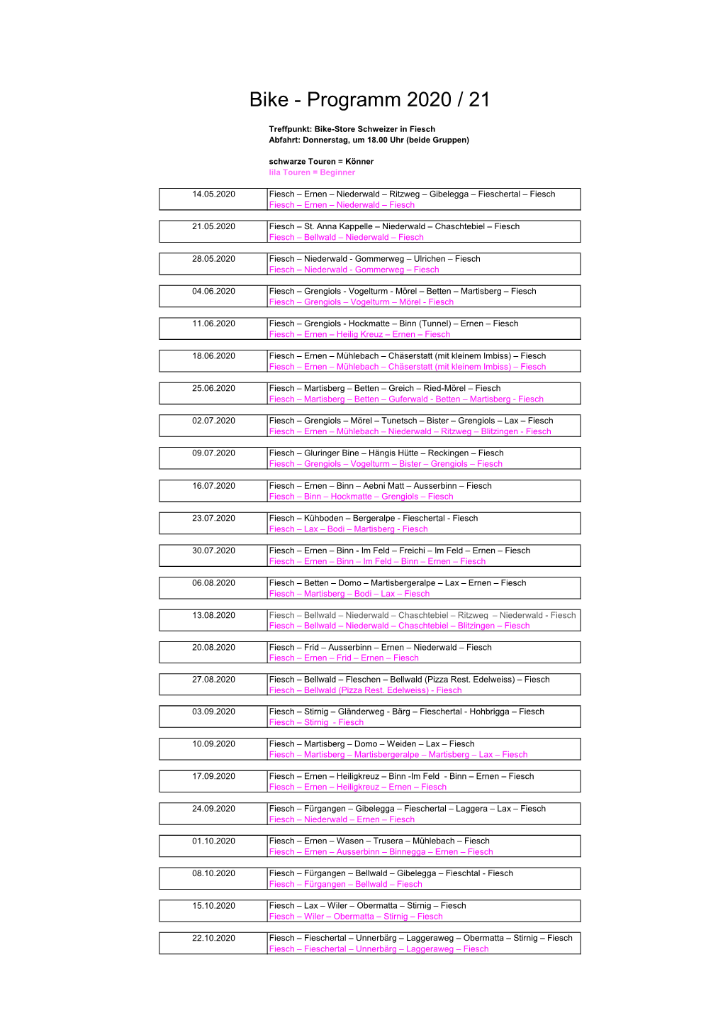 Bike Jahresprogramm 2020-21