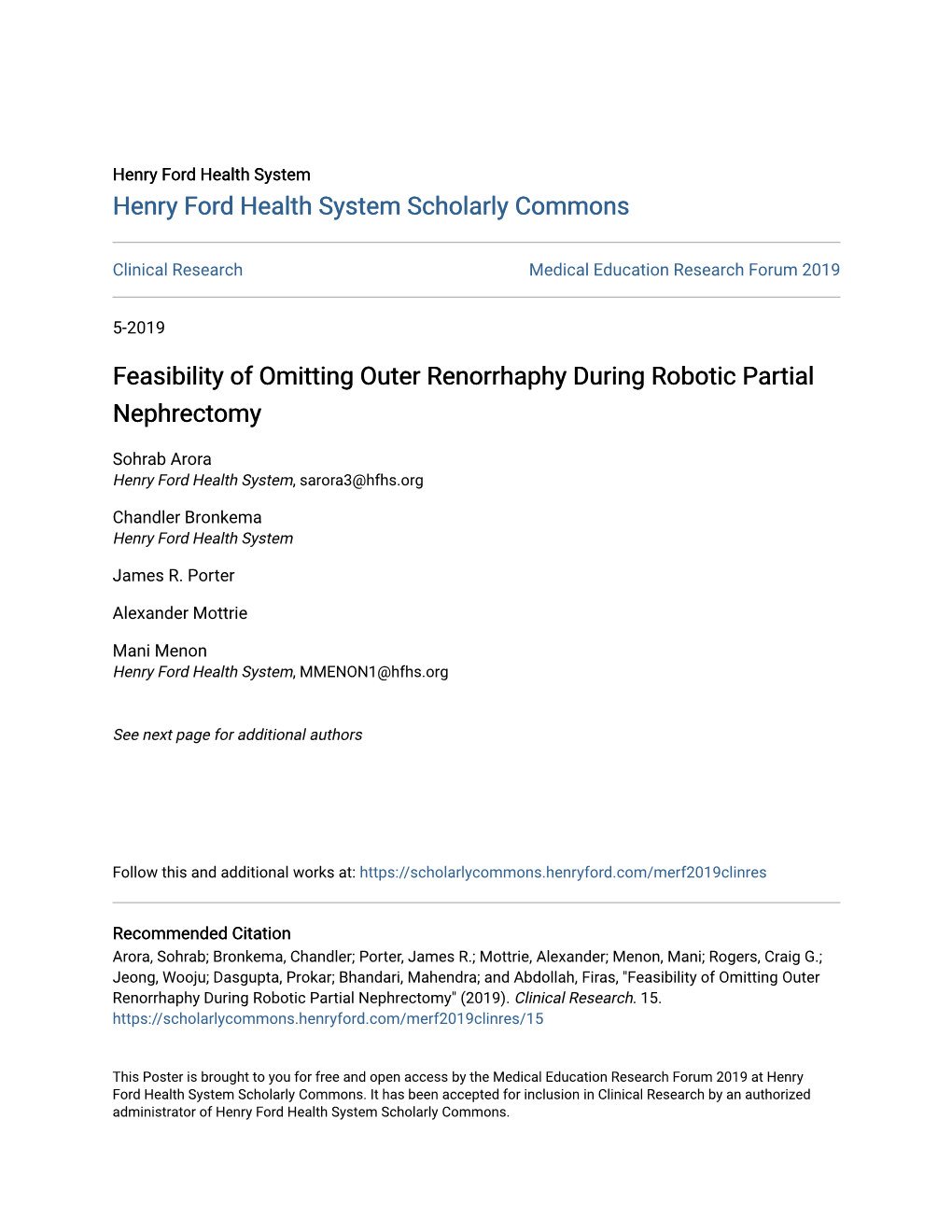 Feasibility of Omitting Outer Renorrhaphy During Robotic Partial Nephrectomy