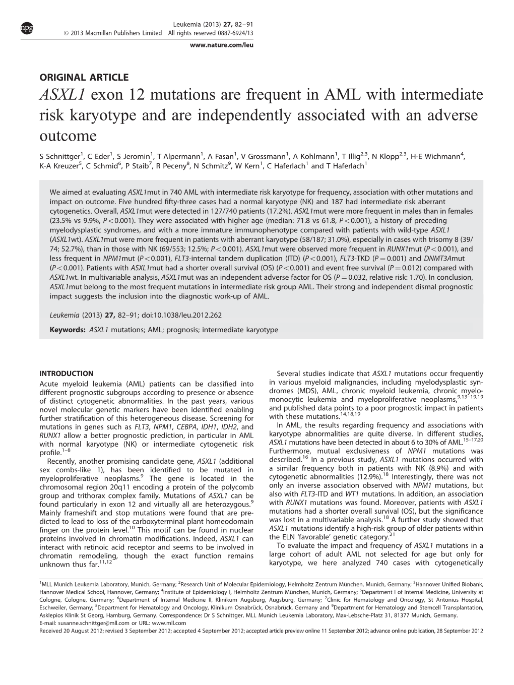 ASXL1 Exon 12 Mutations Are Frequent in AML with Intermediate Risk Karyotype and Are Independently Associated with an Adverse Outcome