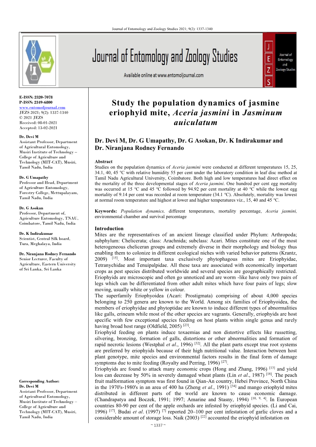 Study the Population Dynamics of Jasmine Eriophyid Mite, Aceria