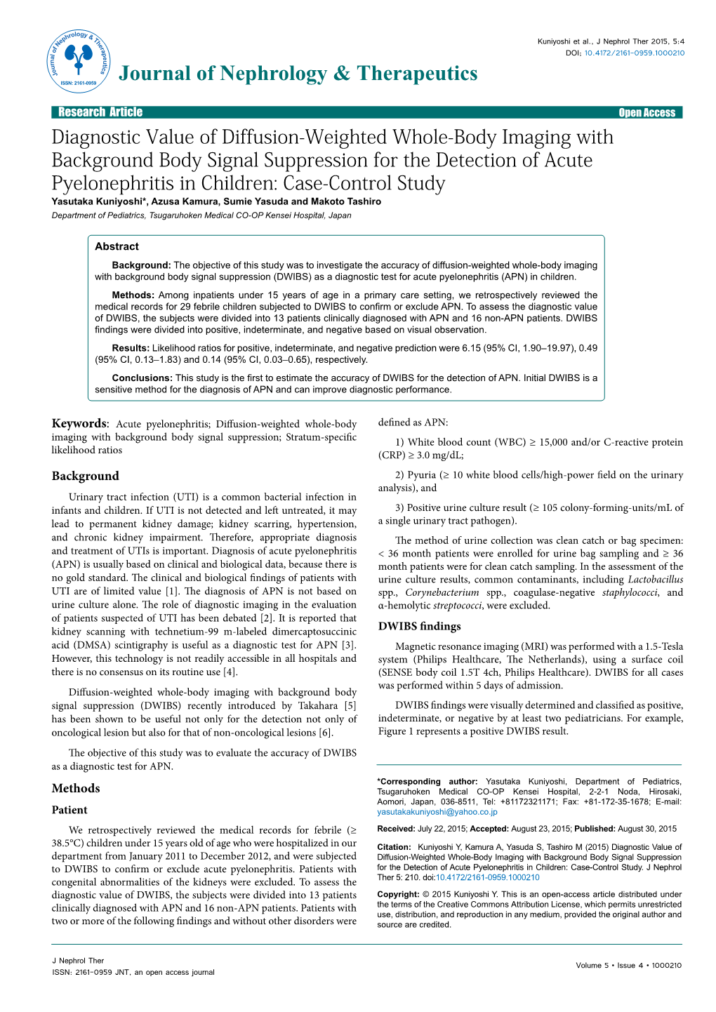 Diagnostic Value of Diffusion-Weighted Whole-Body Imaging with Background Body Signal Suppression for the Detection of Acute