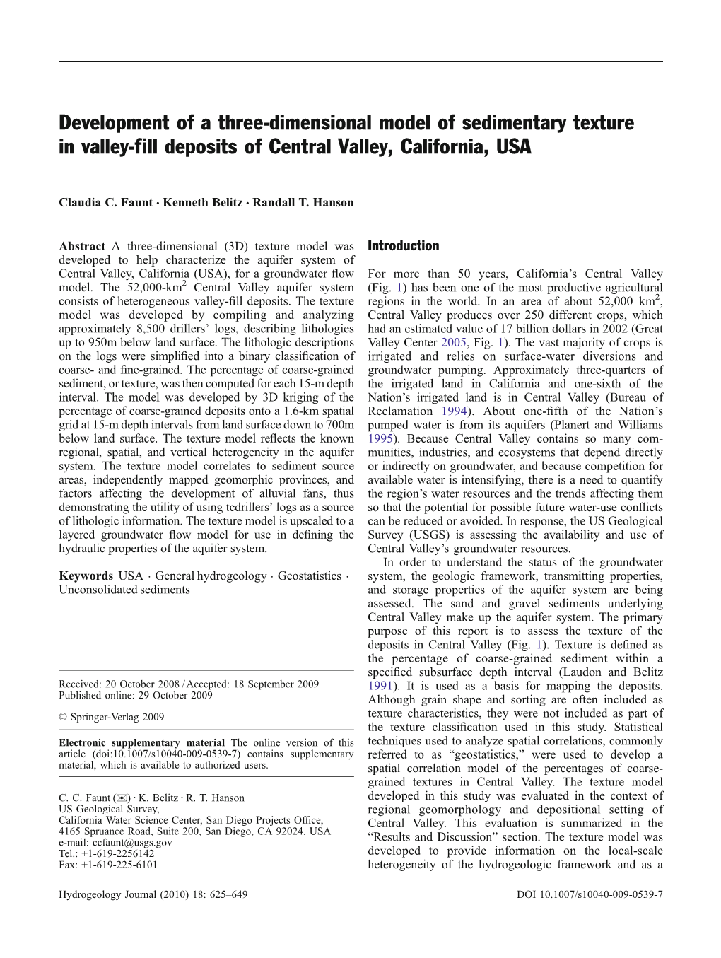 Development of a Three-Dimensional Model of Sedimentary Texture in Valley-ﬁll Deposits of Central Valley, California, USA