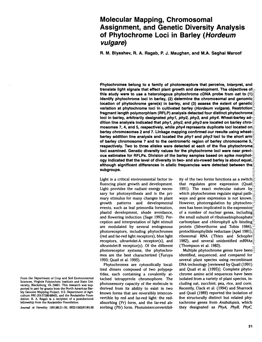 Molecular Mapping, Chromosomal Assignment, and Genetic Diversity Analysis of Phytochrome Loci in Barley (Hordeum Vulgare)