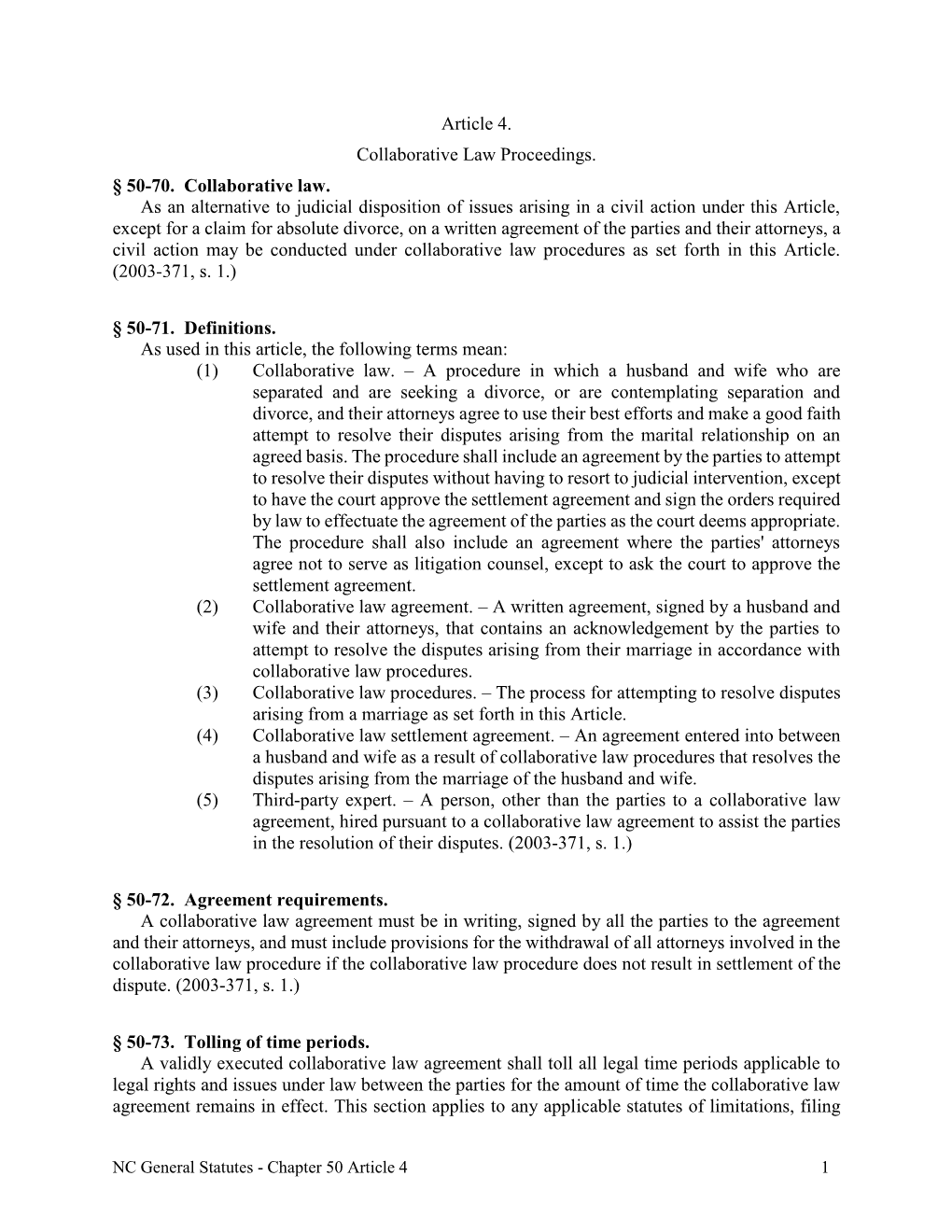 Article 4. Collaborative Law Proceedings. § 50-70