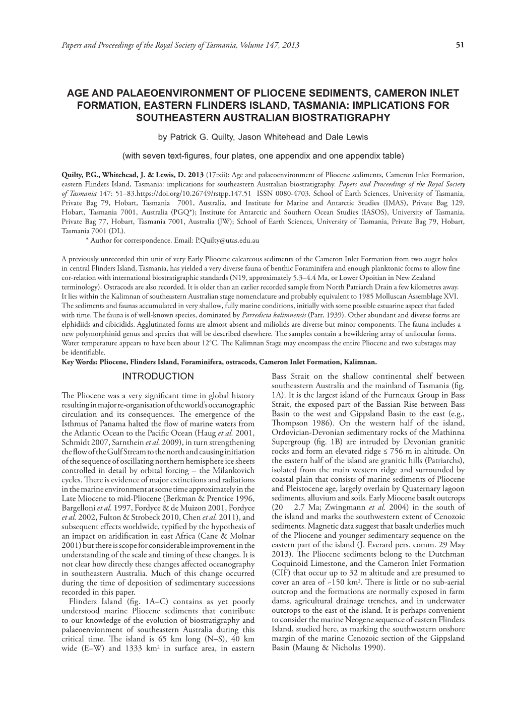 Flinders Island, Tasmania: Implications for Southeastern Australian Biostratigraphy