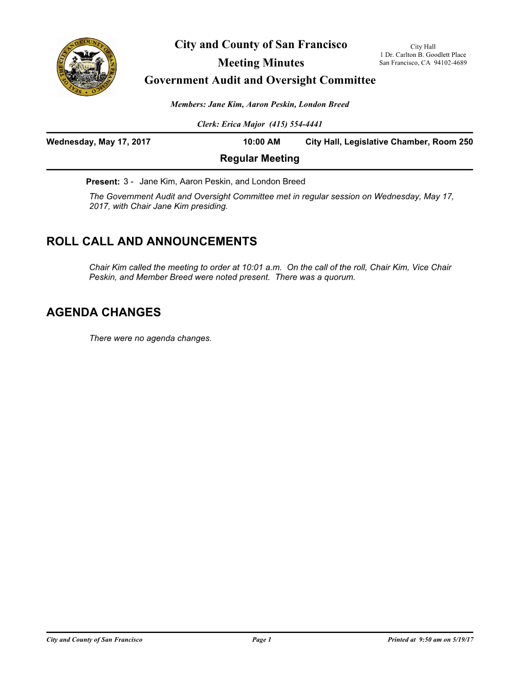 Meeting Minutes San Francisco, CA 94102-4689 Government Audit and Oversight Committee