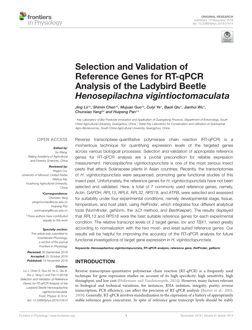 Selection and Validation of Reference Genes for RT-Qpcr Analysis of the Ladybird Beetle Henosepilachna Vigintioctomaculata