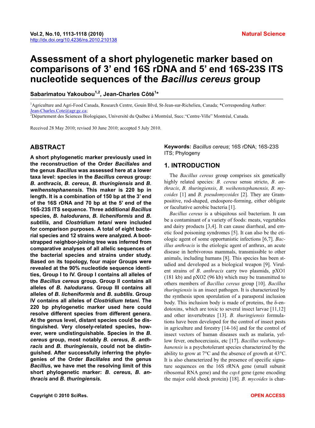 Assessment of a Short Phylogenetic Marker Based on Comparisons of 3’ End 16S Rdna and 5’ End 16S-23S ITS Nucleotide Sequences of the Bacillus Cereus Group