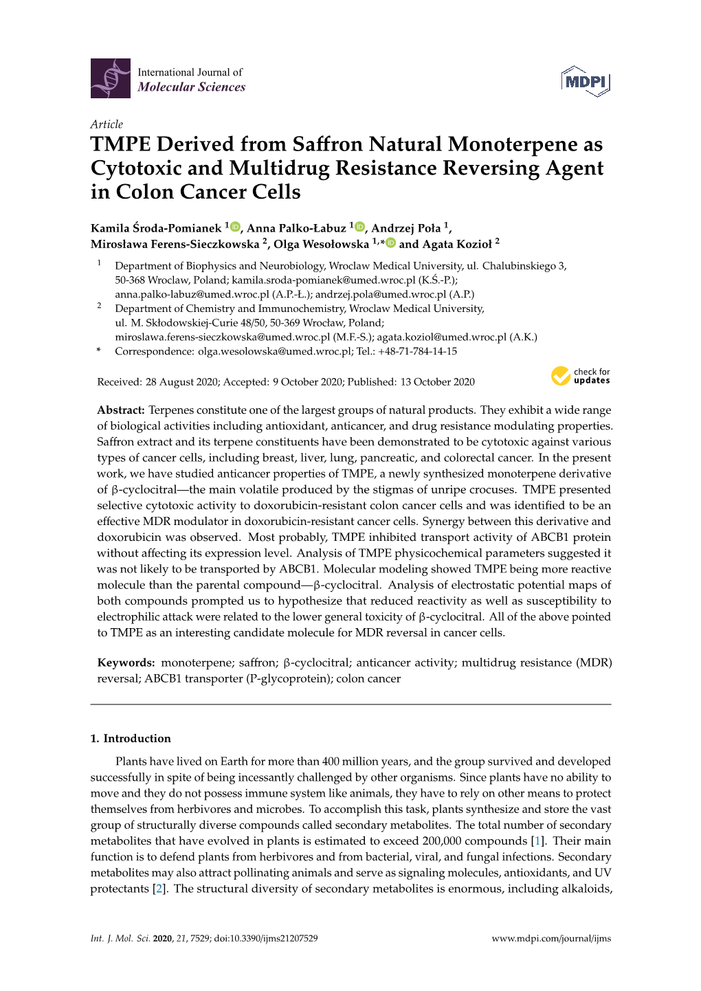 TMPE Derived from Saffron Natural Monoterpene As Cytotoxic And