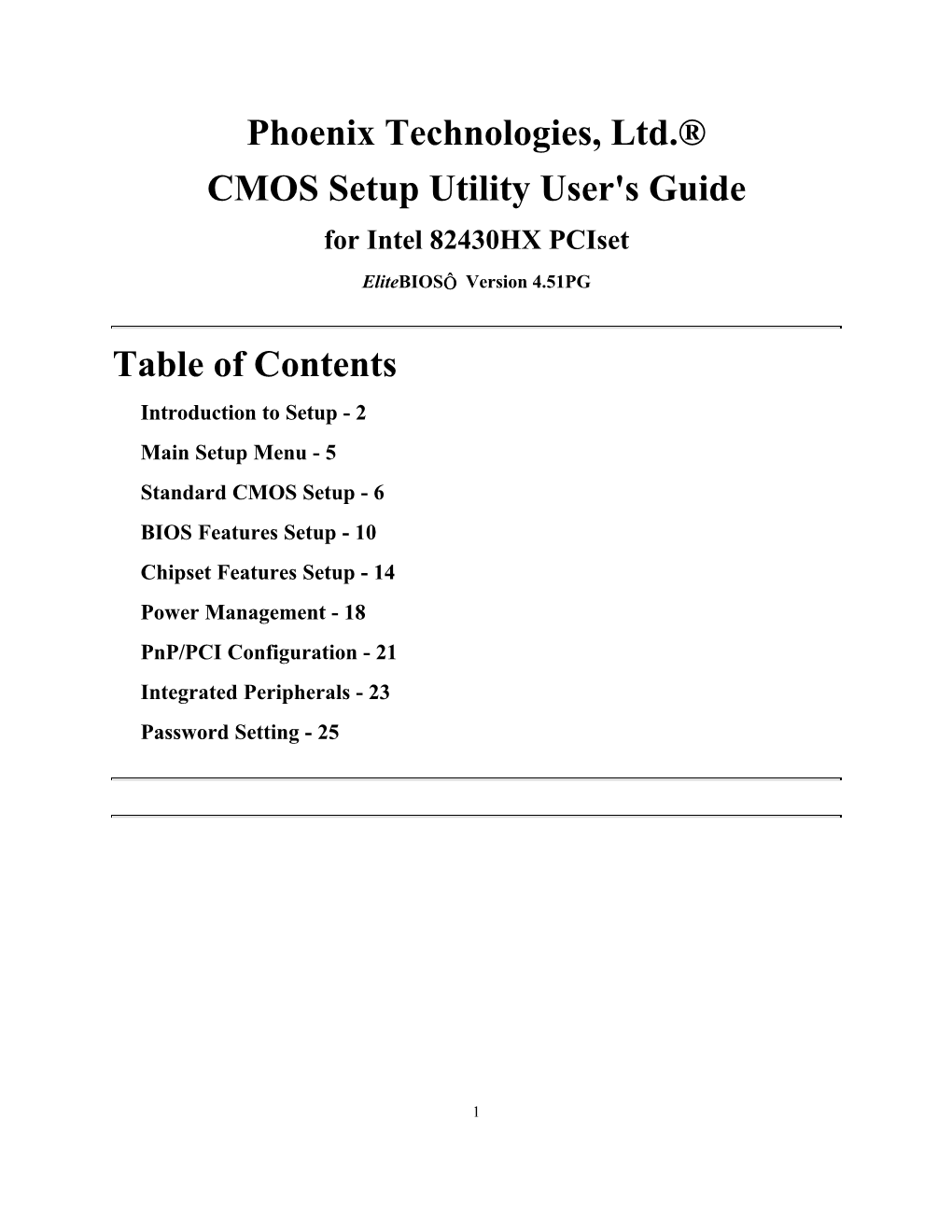 Phoenix Technologies, Ltd.® CMOS Setup Utility User's Guide for Intel 82430HX Pciset