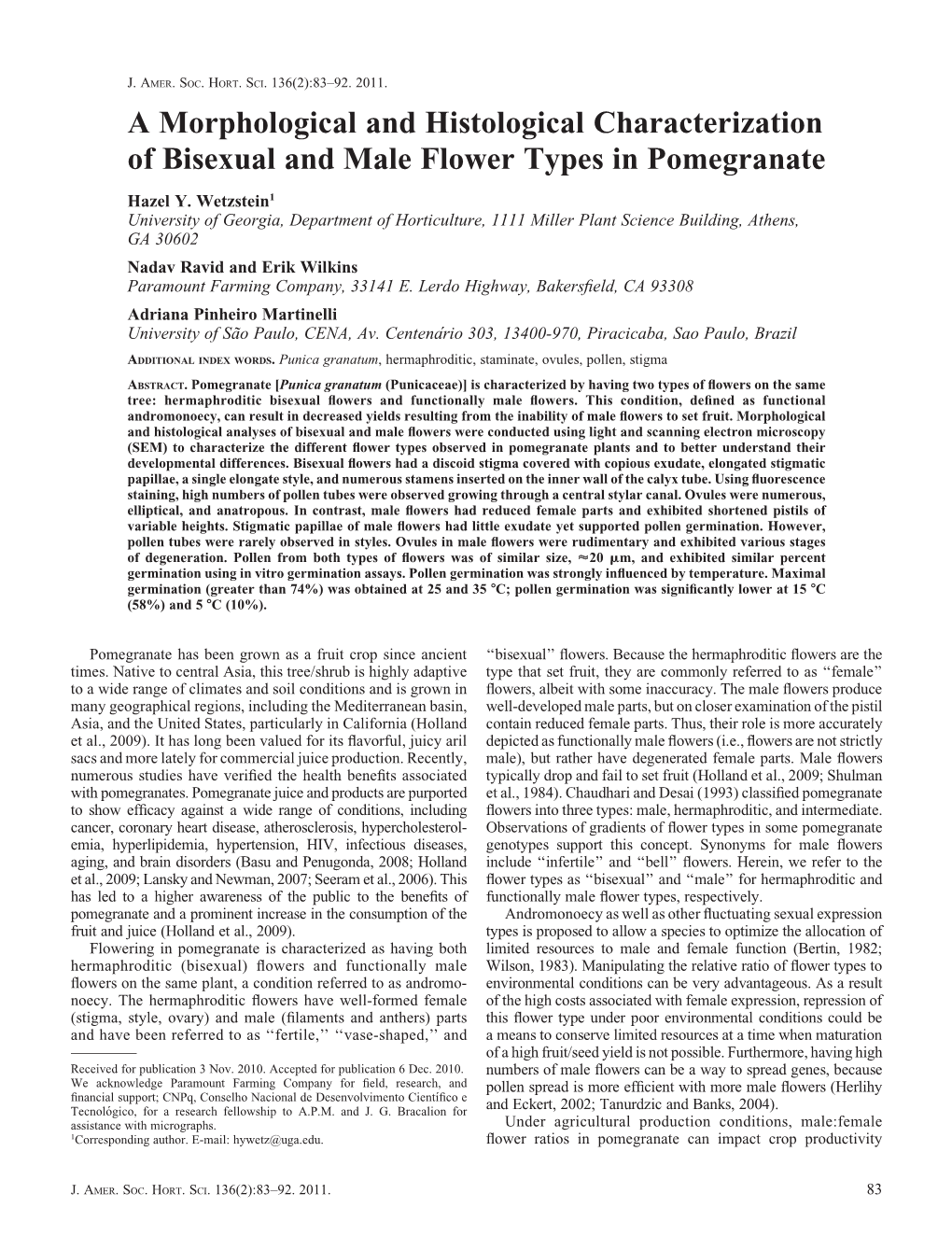 A Morphological and Histological Characterization of Bisexual and Male Flower Types in Pomegranate
