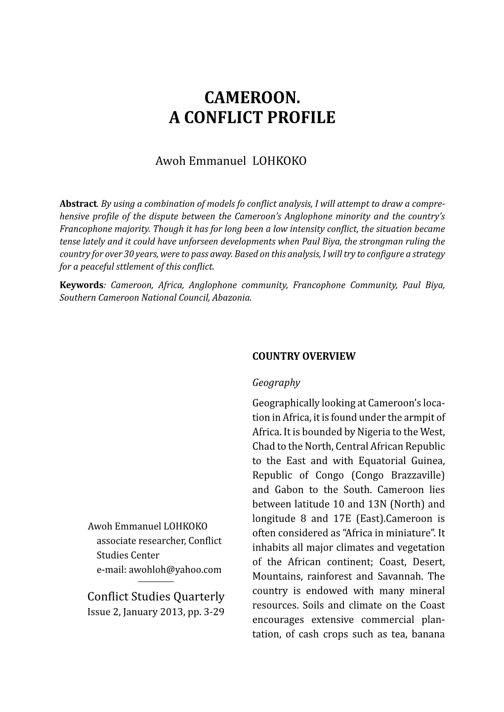 Cameroon. a Conflict Profile