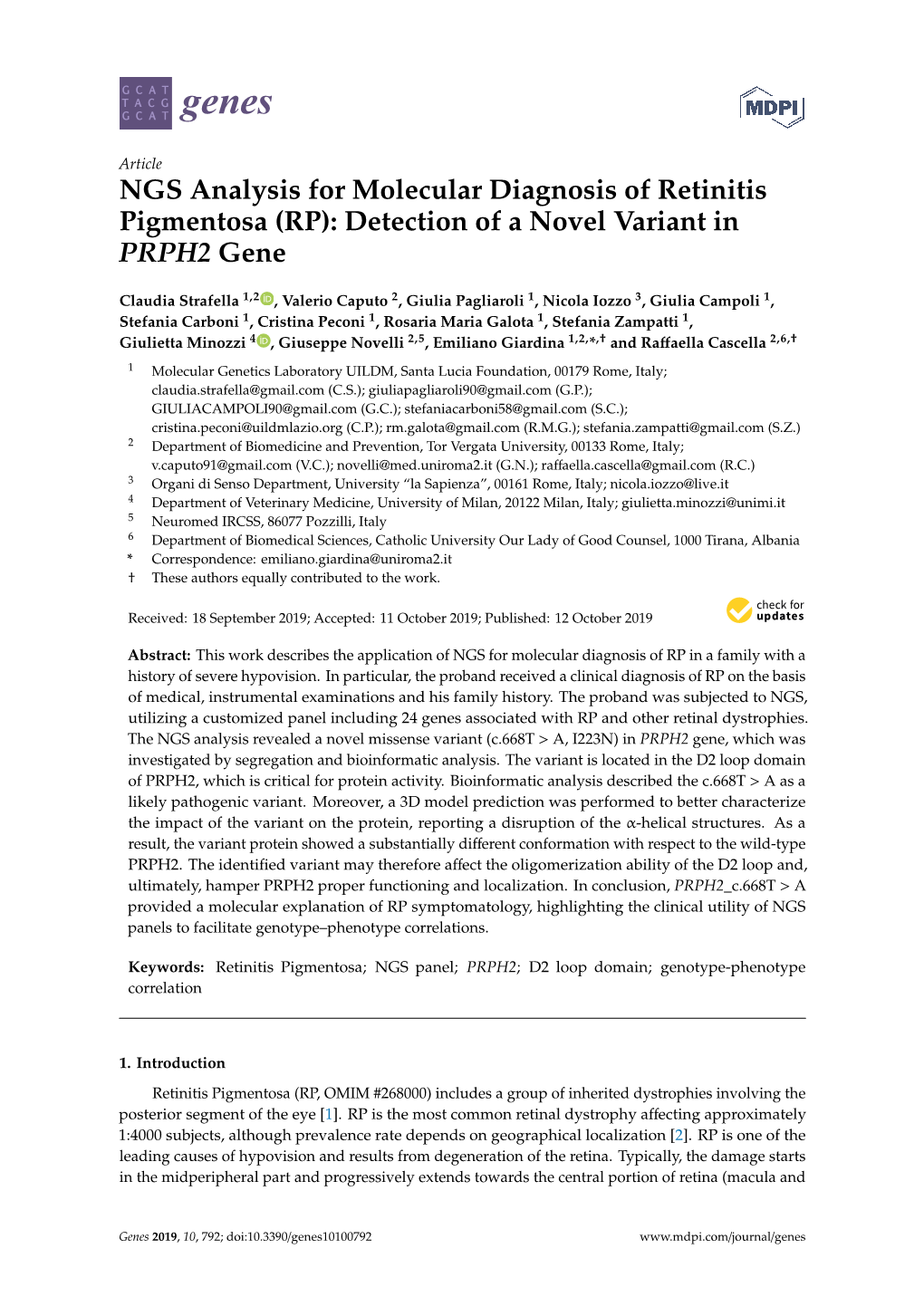 NGS Analysis for Molecular Diagnosis of Retinitis Pigmentosa (RP): Detection of a Novel Variant in PRPH2 Gene