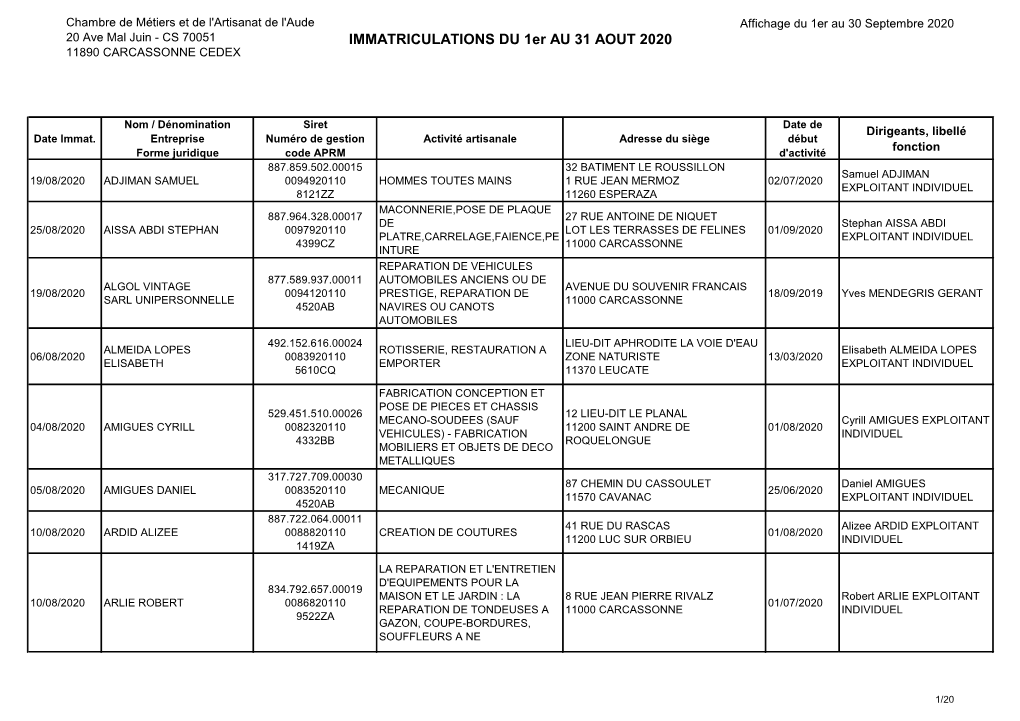 IMMATRICULATIONS DU 1Er AU 31 AOUT 2020 11890 CARCASSONNE CEDEX