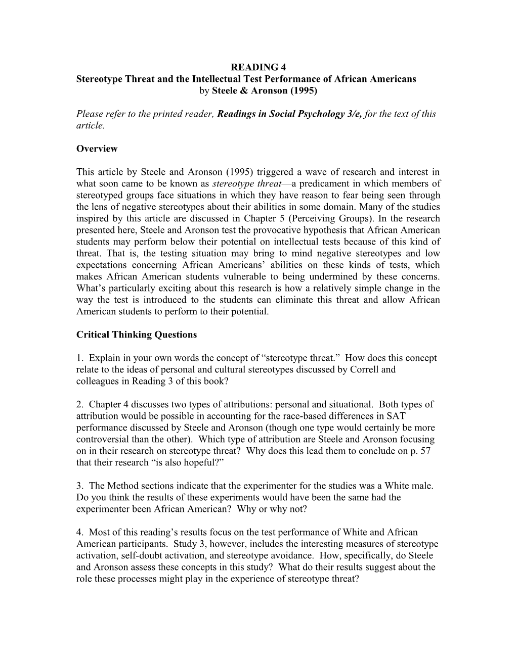 Stereotype Threat and the Intellectual Test Performance of African Americans