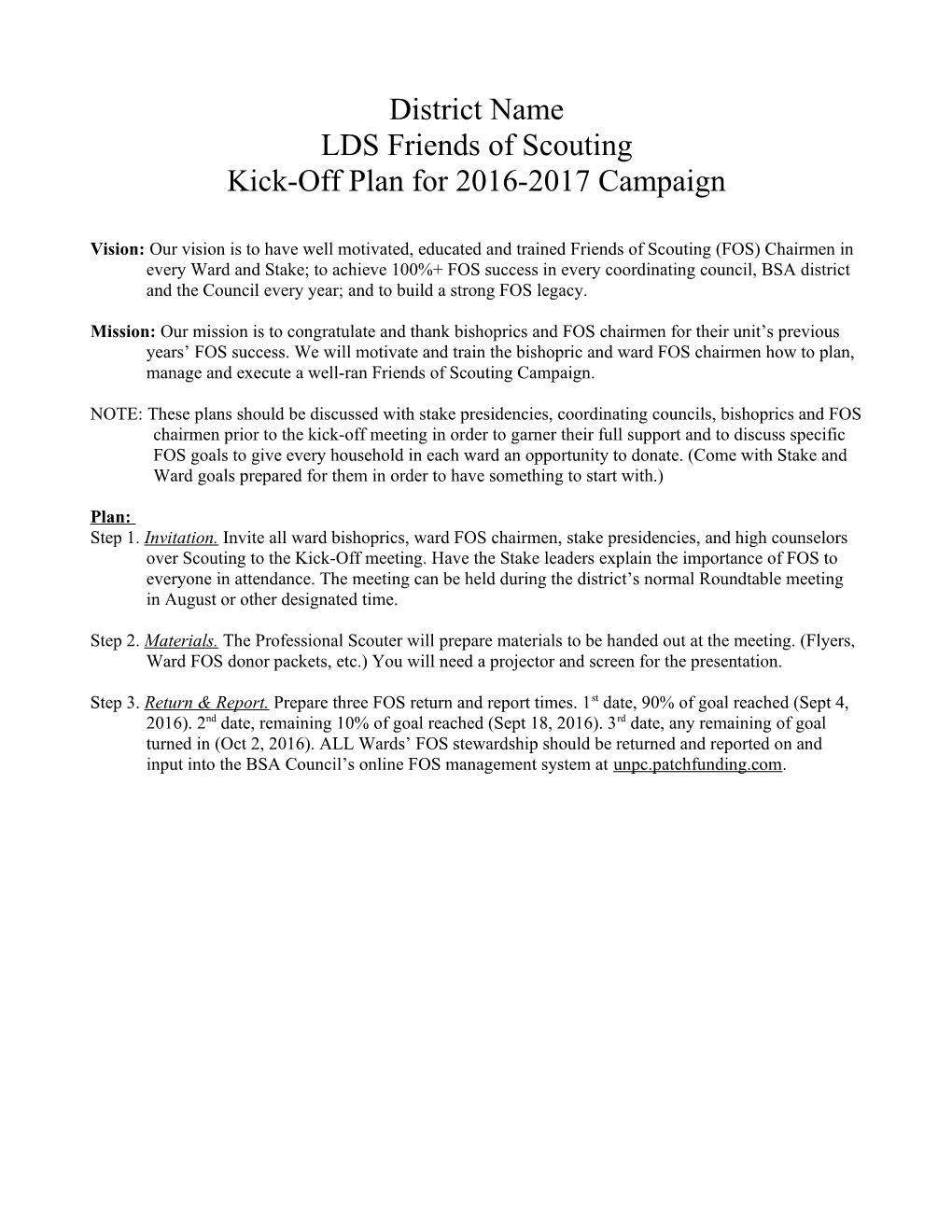 Kick-Off Plan for 2016-2017 Campaign