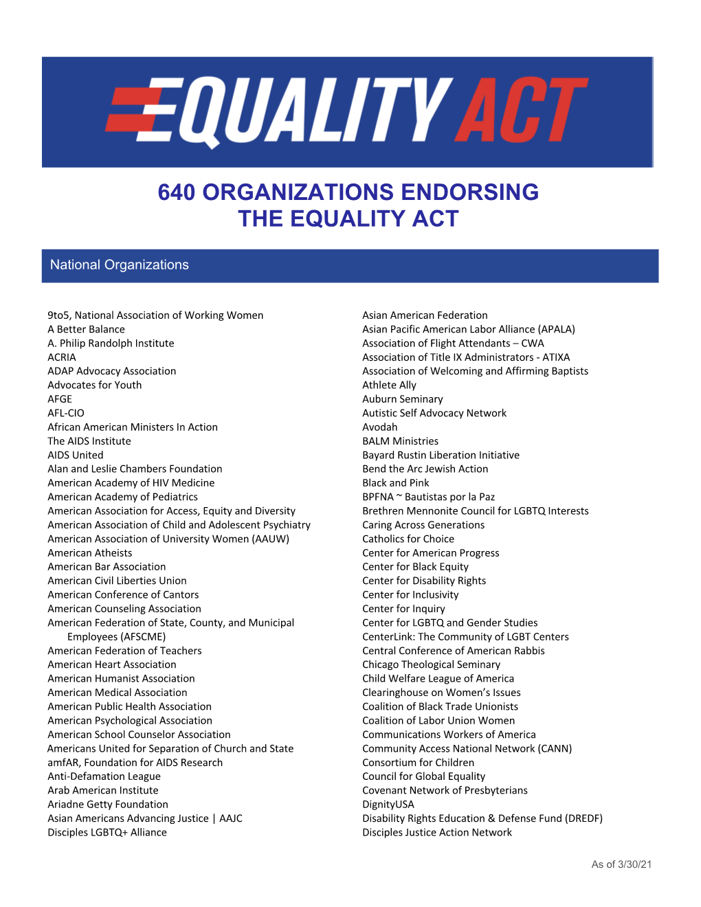 640 Organizations Endorsing the Equality Act