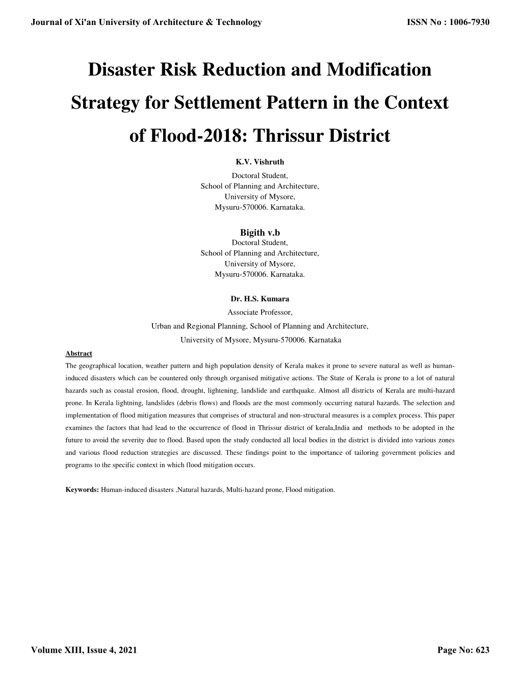 Disaster Risk Reduction and Modification Strategy for Settlement Pattern in the Context of Flood-2018: Thrissur District