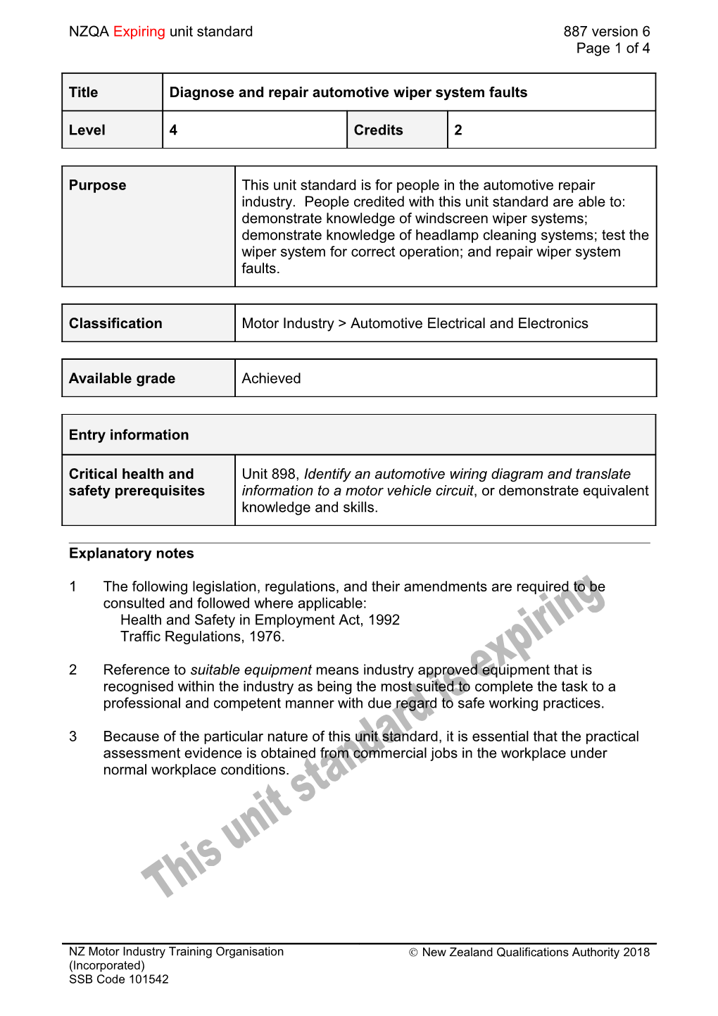 887 Diagnose and Repair Automotive Wiper System Faults