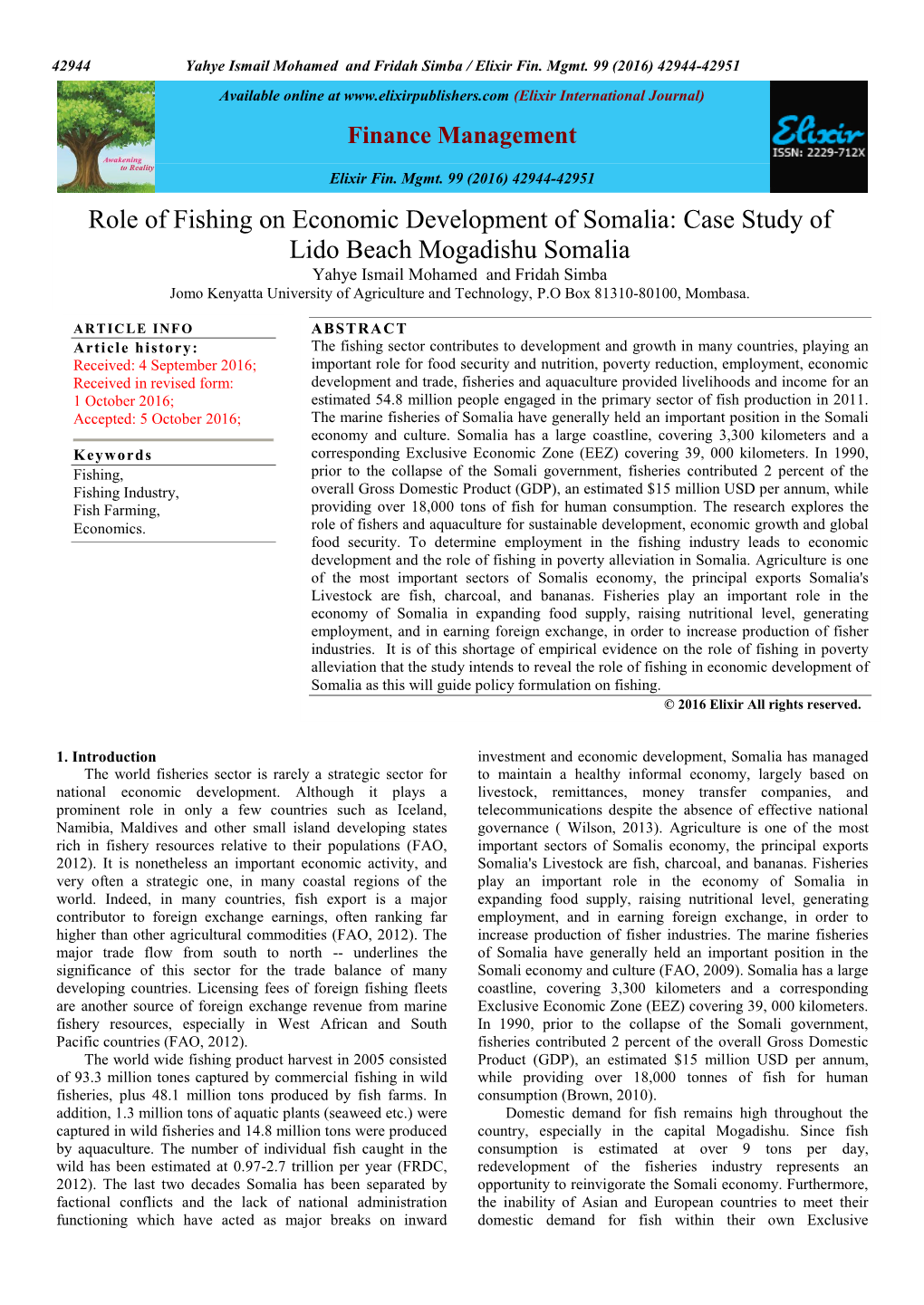 Role of Fishing on Economic Development of Somalia: Case