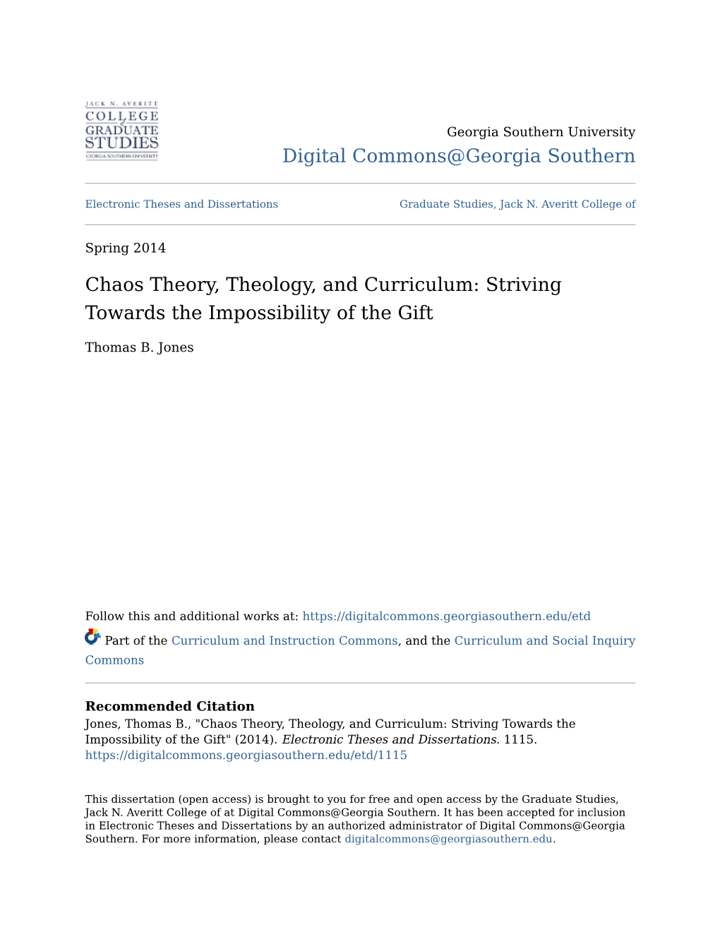 Chaos Theory, Theology, and Curriculum: Striving Towards the Impossibility of the Gift