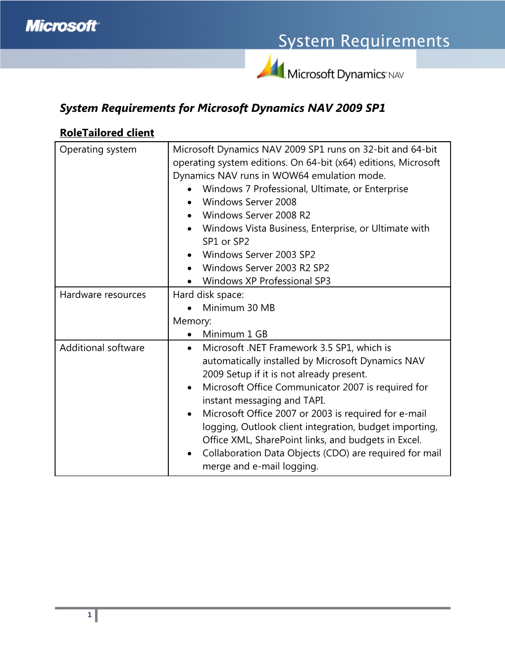 System Requirements for Microsoft Dynamics NAV 2009