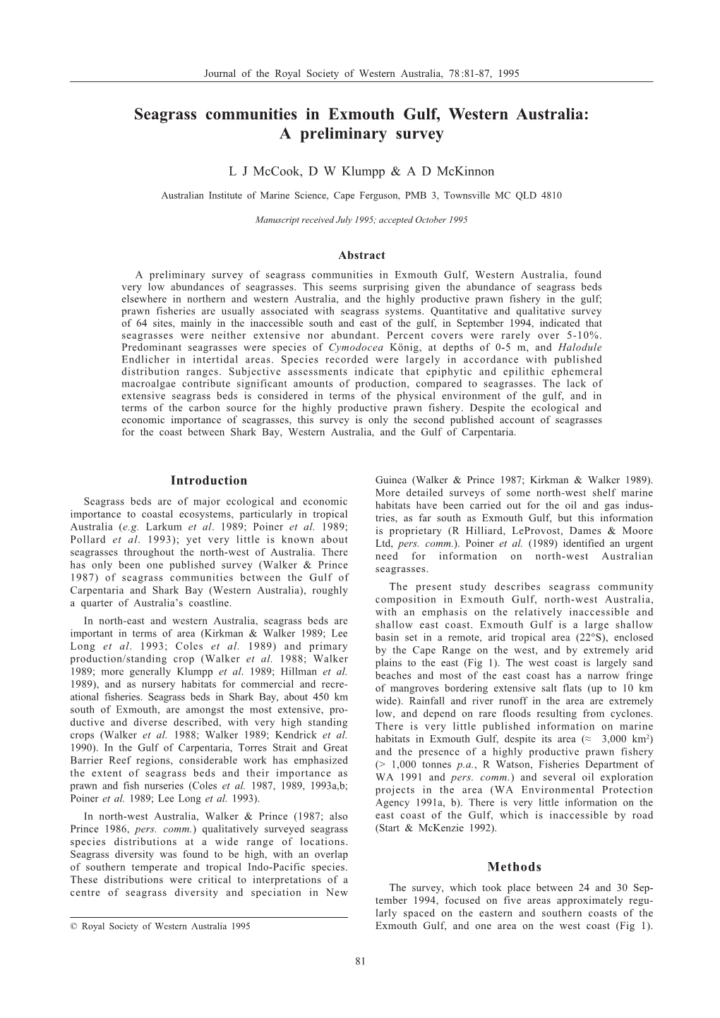 Seagrass Communities in Exmouth Gulf, Western Australia: a Preliminary Survey