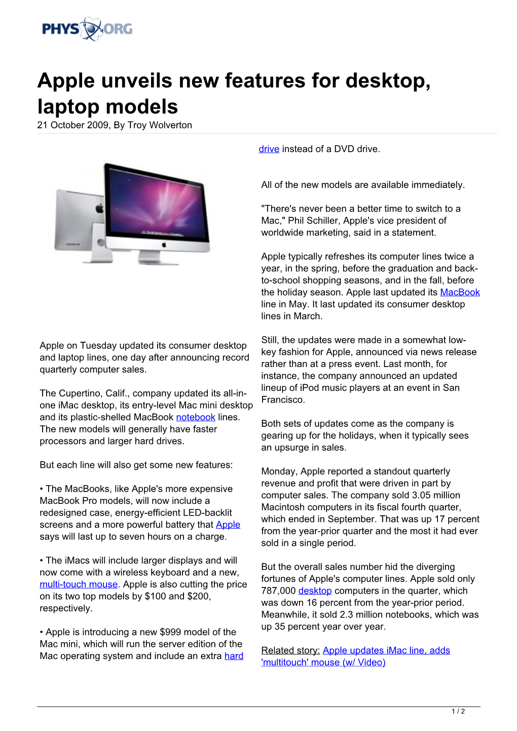 Apple Unveils New Features for Desktop, Laptop Models 21 October 2009, by Troy Wolverton