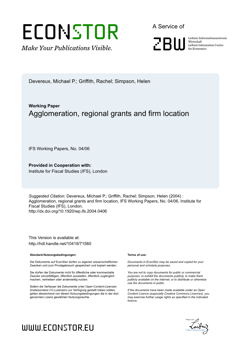 Agglomeration, Regional Grants and Firm Location