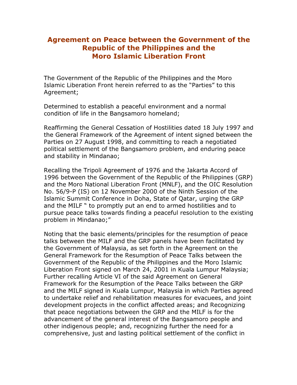 Agreement on Peace Between the Government of the Republic of the Philippines and the Moro Islamic Liberation Front