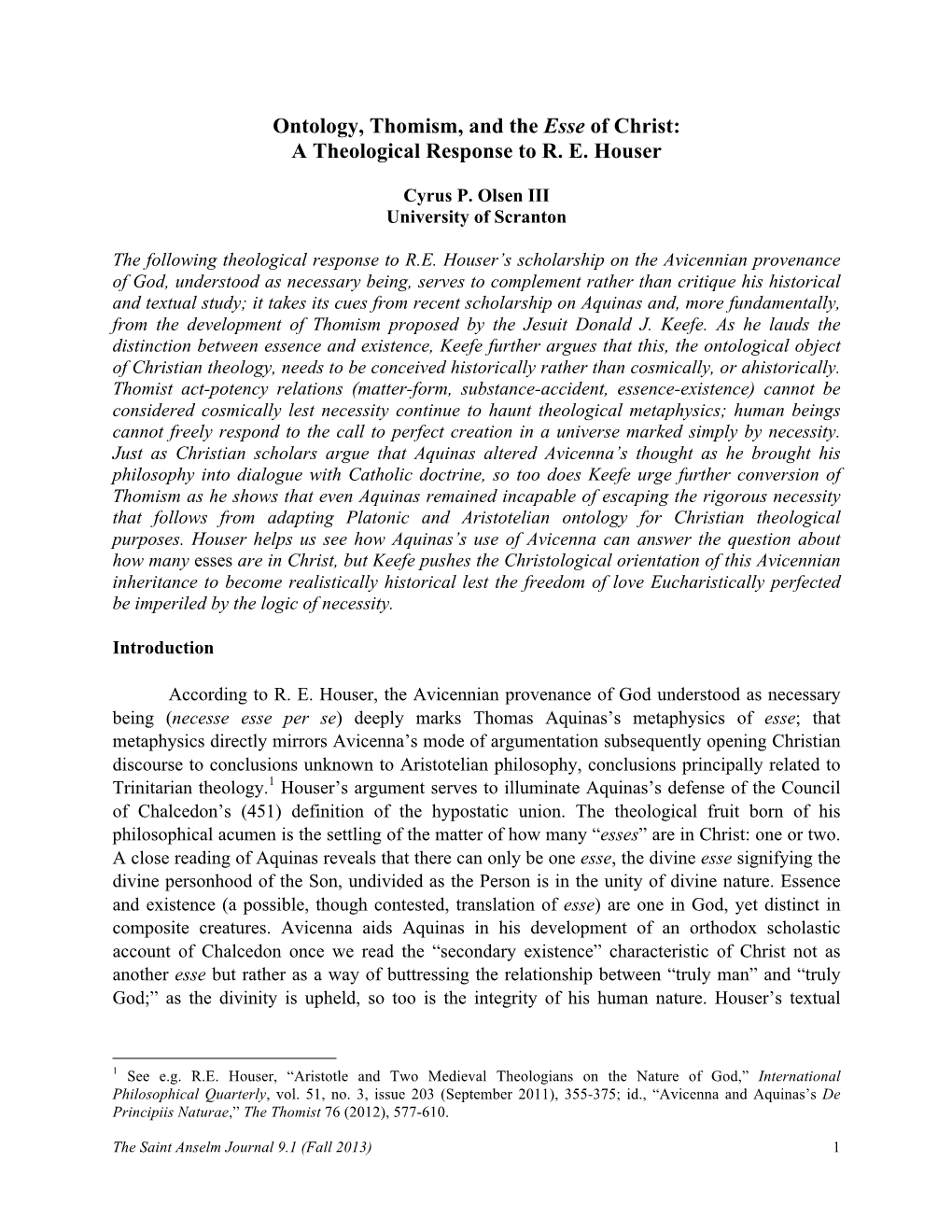 Ontology, Thomism, and the Esse of Christ: a Theological Response to R