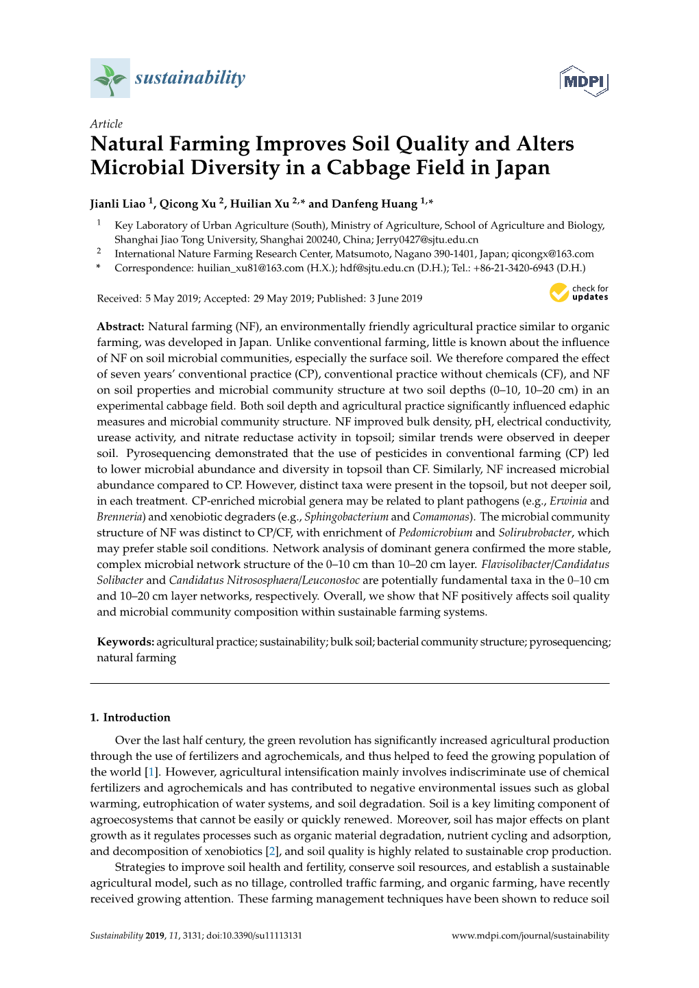 Natural Farming Improves Soil Quality and Alters Microbial Diversity in a Cabbage Field in Japan