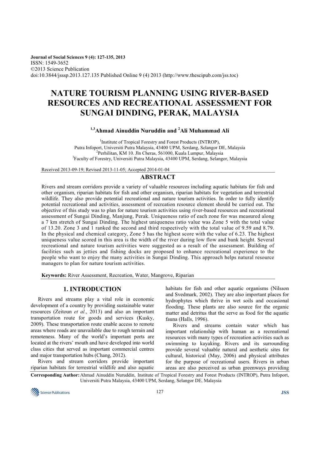 Nature Tourism Planning Using River-Based Resources and Recreational Assessment for Sungai Dinding, Perak, Malaysia