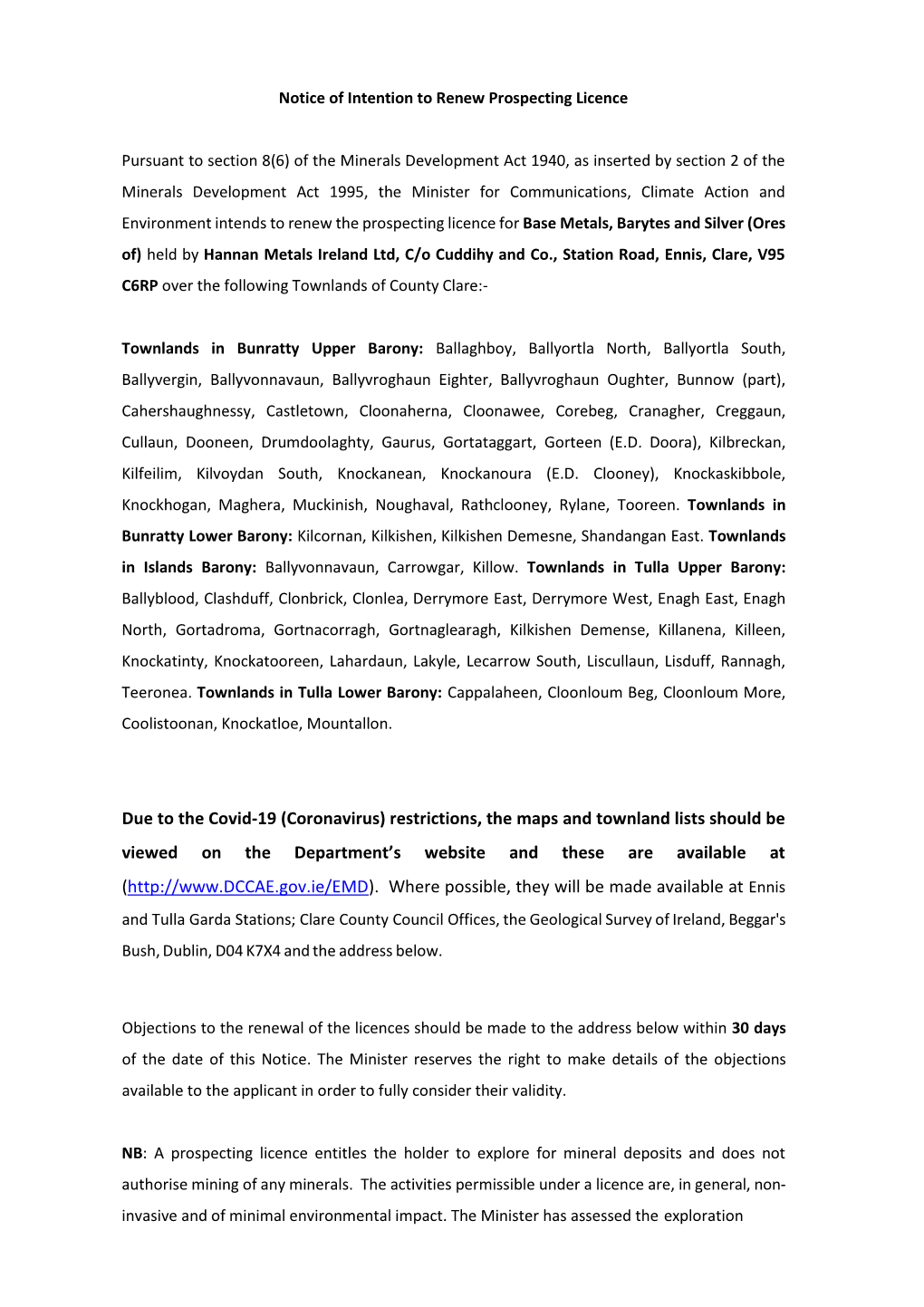 Due to the Covid-19 (Coronavirus) Restrictions, the Maps and Townland