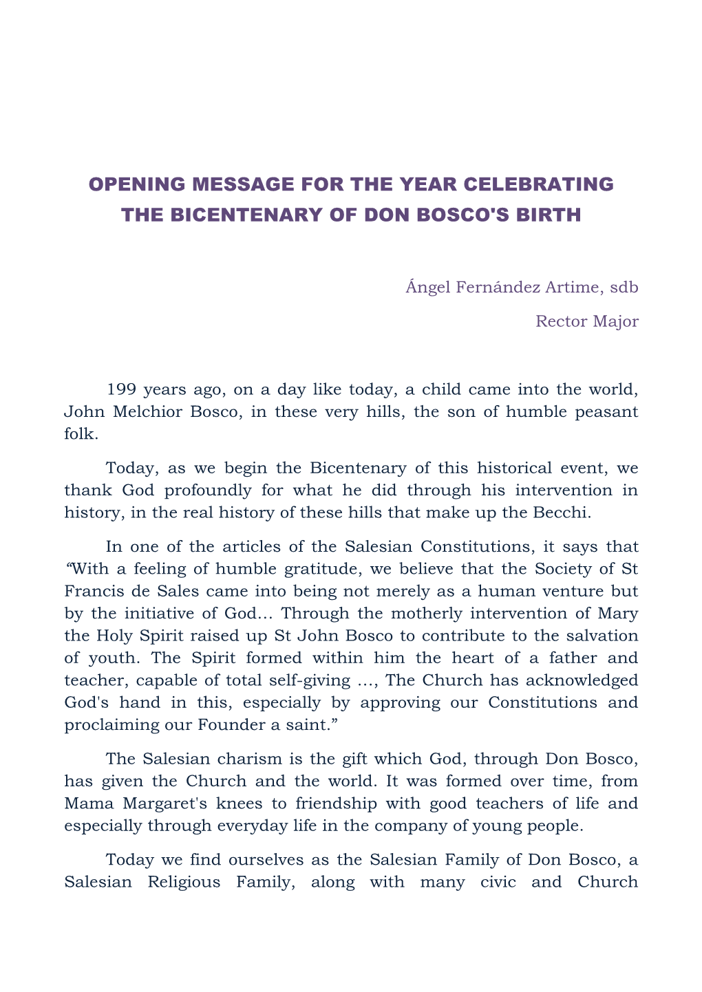 Opening Message for the Year Celebrating the Bicentenary of Don Bosco's Birth