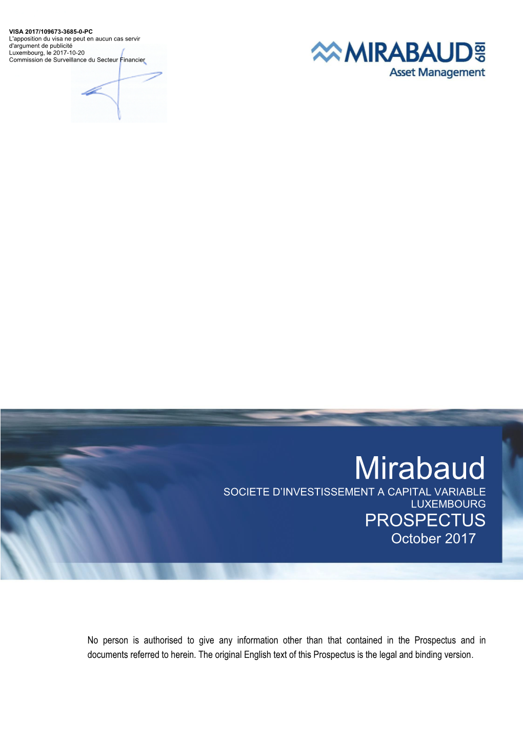 Mirabaud SOCIETE D’INVESTISSEMENT a CAPITAL VARIABLE LUXEMBOURG PROSPECTUS October 2017