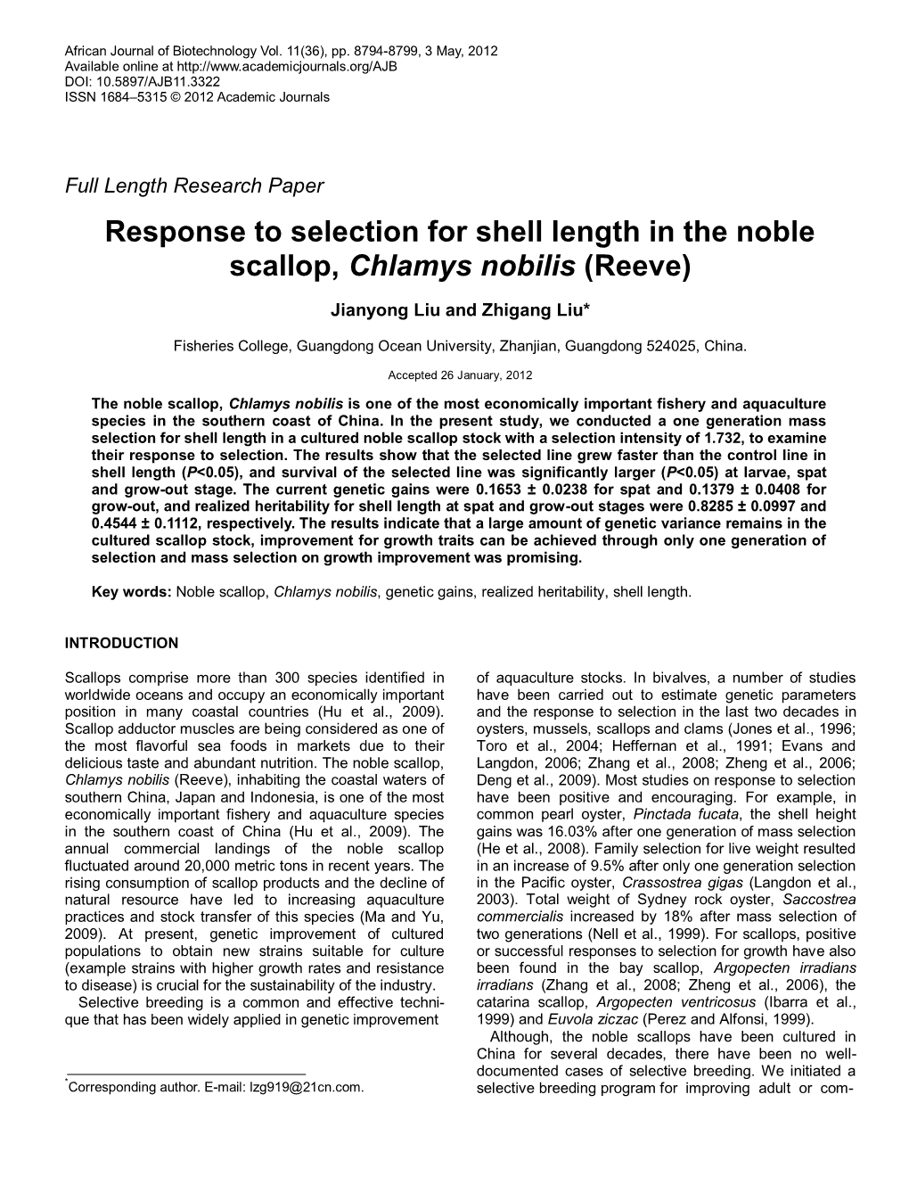 Response to Selection for Shell Length in the Noble Scallop, Chlamys Nobilis (Reeve)