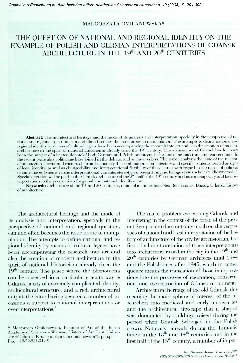 THE QUESTION of NATIONAL and REGIONAL IDENTITY on the EXAMPLE of POLISH and GERMAN INTERPRETATIONS of GDANSK ARCHITECTURE in the 19Th and 20Th CENTURIES