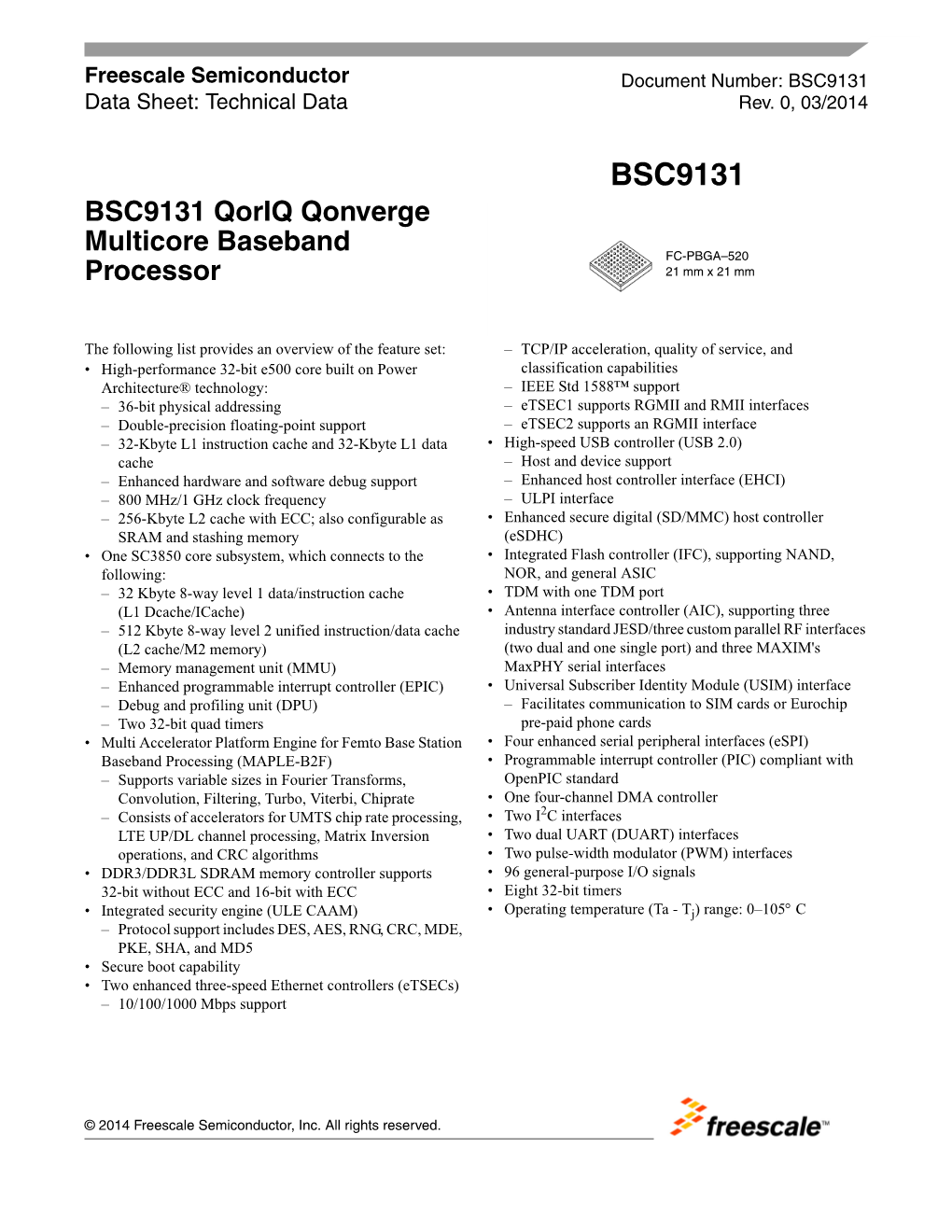 BSC9131, BSC9131 Qoriq Qonverge Multicore Baseband Processor