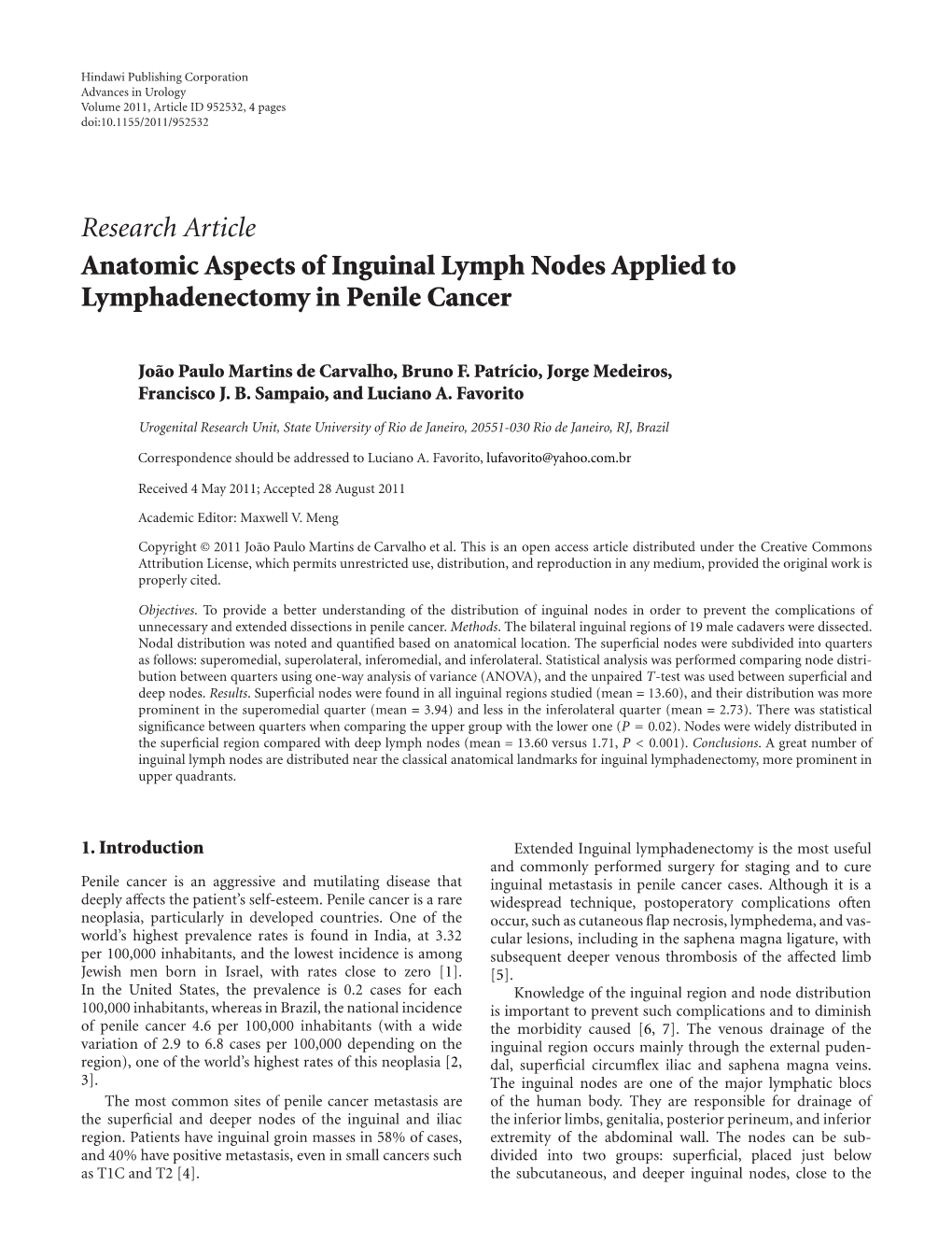Research Article Anatomic Aspects of Inguinal Lymph Nodes Applied to Lymphadenectomy in Penile Cancer