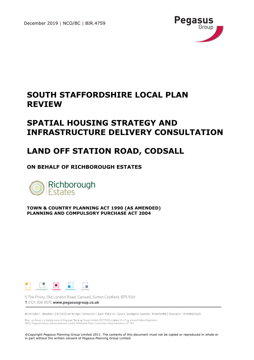 South Staffordshire Local Plan Review Spatial Housing Strategy and Infrastructure Delivery Consultation Land Off Station Road, Codsall