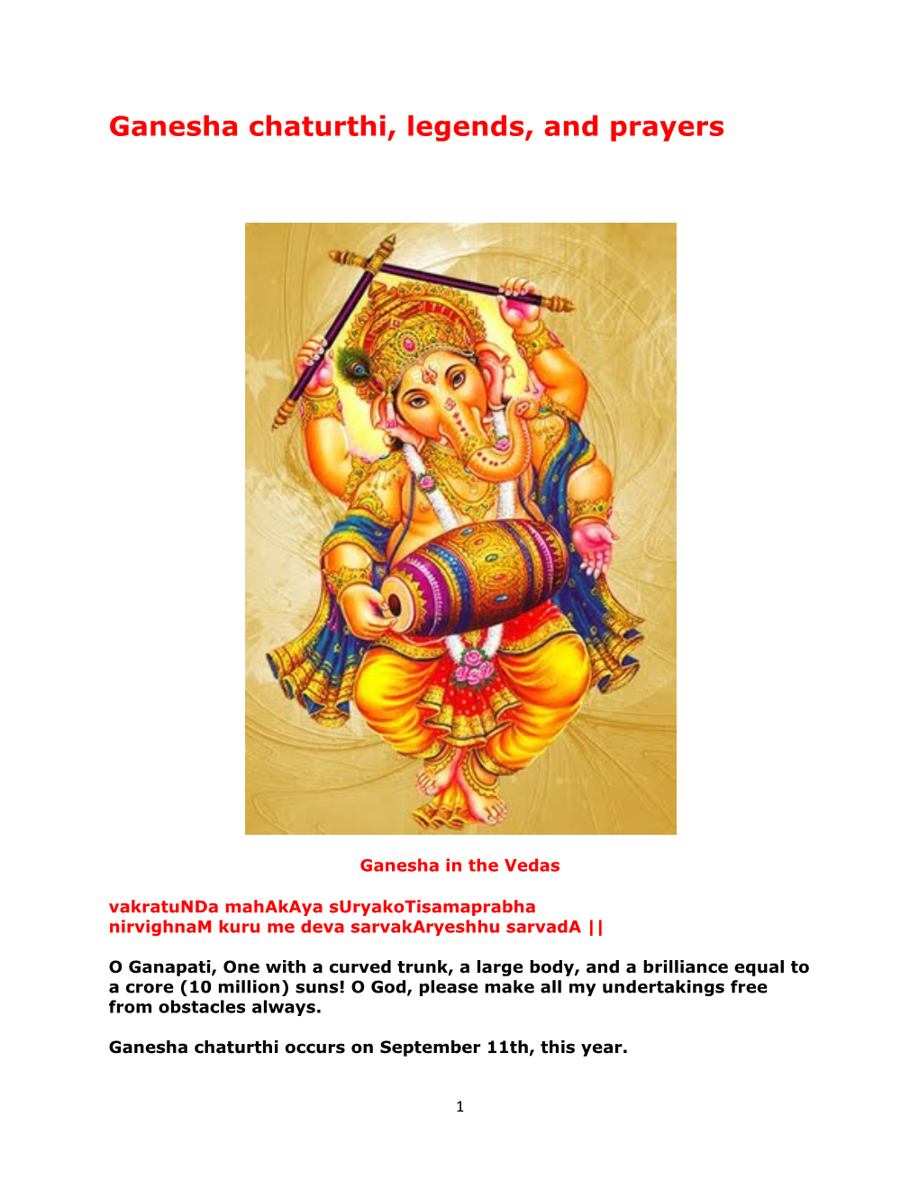 Ganesha Chaturthi, Legends, and Prayers