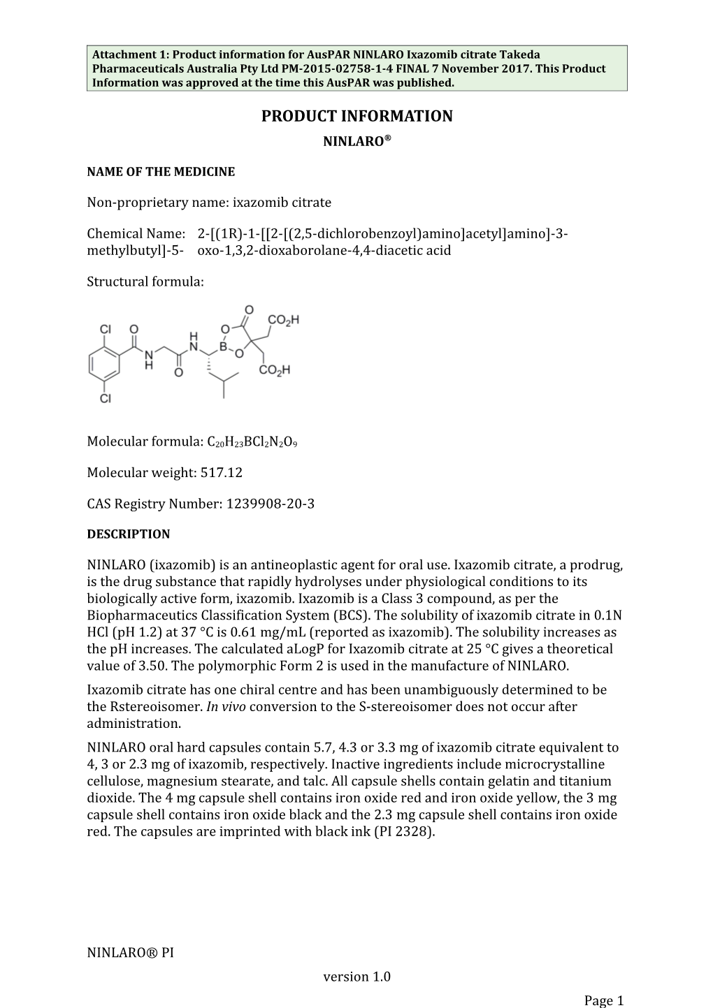 Auspar Attachment 1: Product Information for Ixazomib Citrate