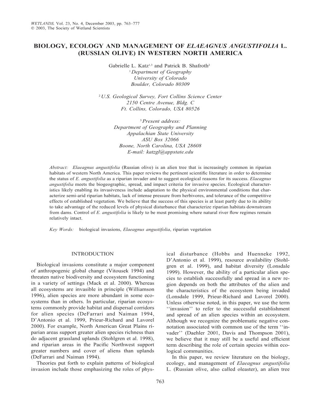 Biology, Ecology and Management of Elaeagnus Angustifolia L