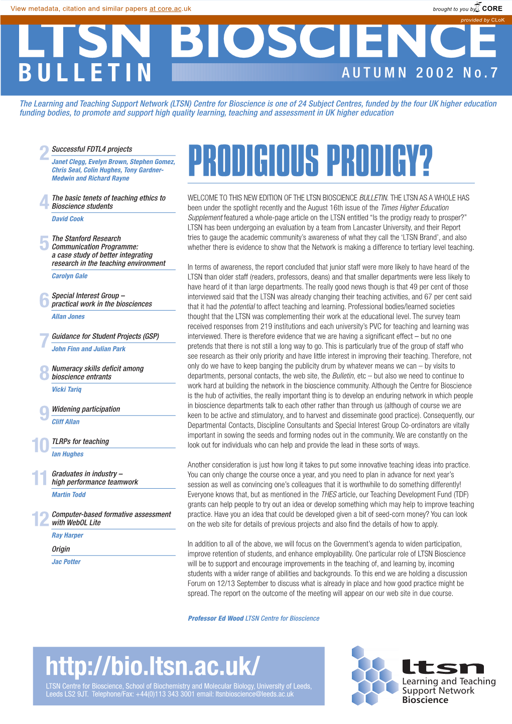 LTSN Bioscienceprovided by Clok BULLETIN AUTUMN 2002 No.7