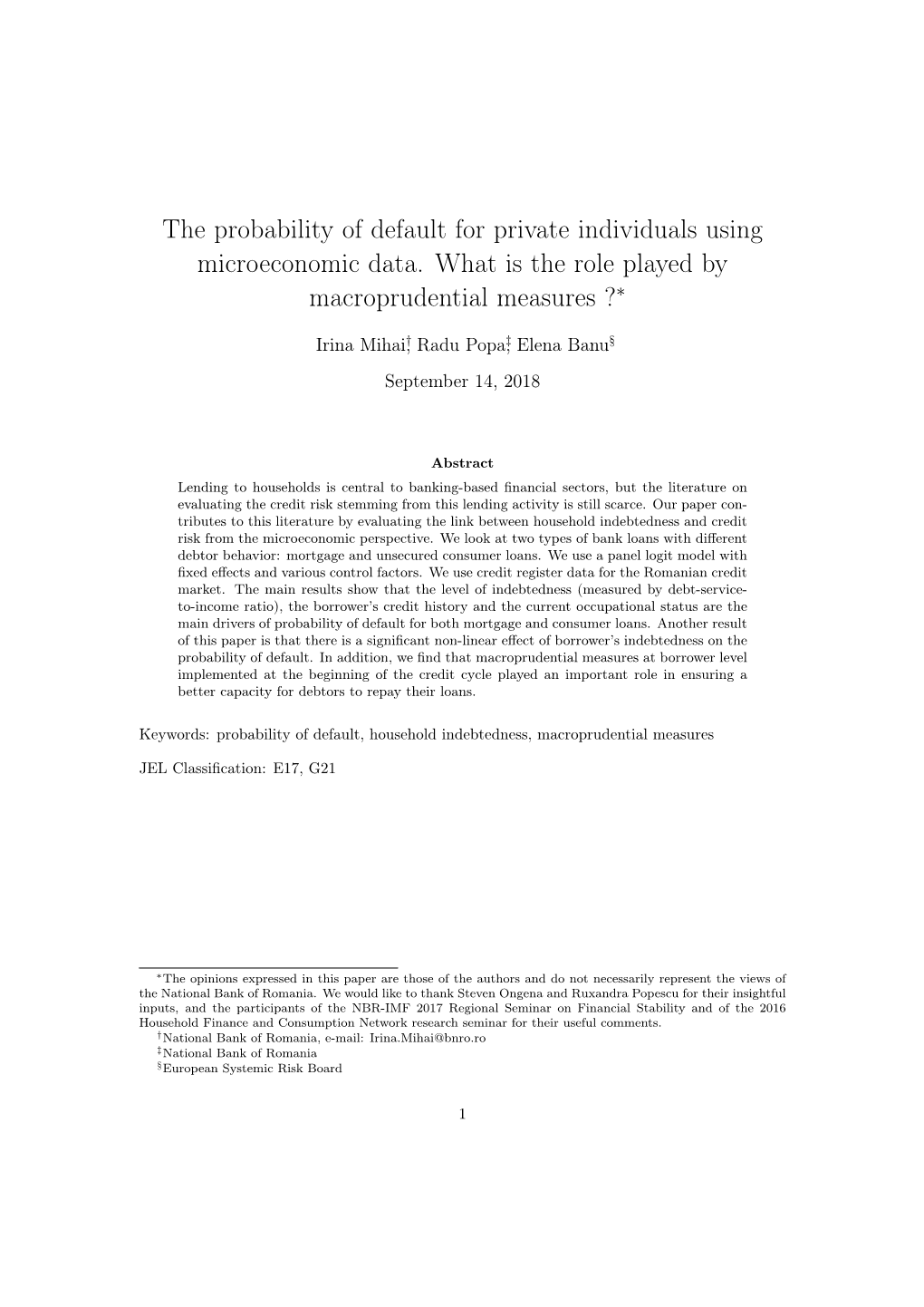 The Probability of Default for Private Individuals Using Microeconomic Data