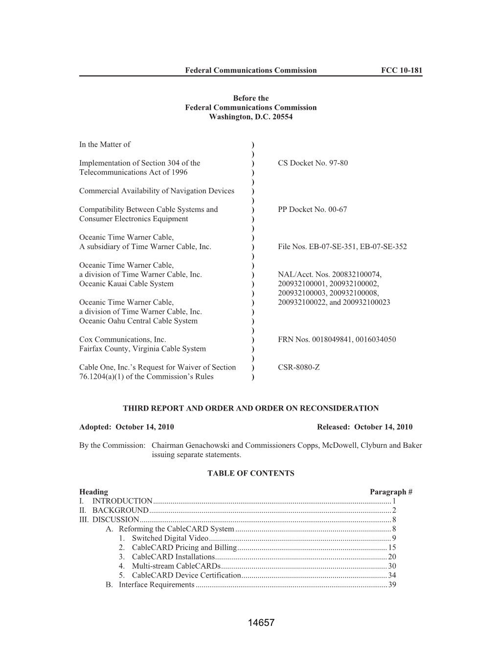 Federal Communications Commission FCC 10-181 Before the Federal