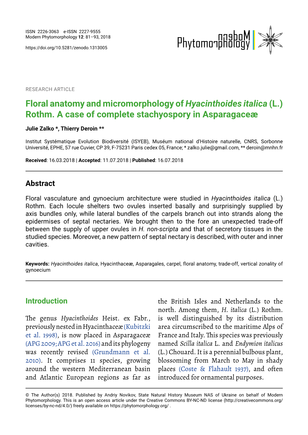 Floral Anatomy and Micromorphology of Hyacinthoides Italica (L.) Rothm